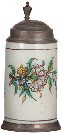 Faience stein, 7.8'' ht., early 1800s, Österreichischer Walzenkrug, later pewter lid & footring, small rim chips.