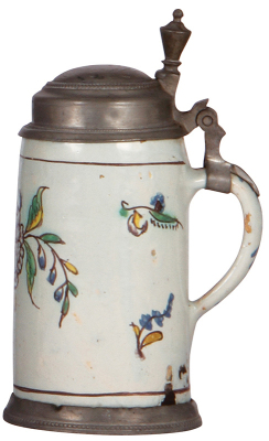 Faience stein, 7.8'' ht., early 1800s, Österreichischer Walzenkrug, later pewter lid & footring, small rim chips. - 2