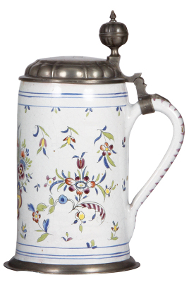 Faience stein, 10.5'' ht., mid 1700s, Walzenkrug, pewter lid dated 1819, pewter footring, repaired cracks and chip, color change inside. - 2