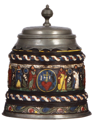 Stoneware stein, 8.4'' ht., Creussen Walzenkrug, Apostles, late 1800s, sold by Phillips Auction, New York City, March 1983, pre-sale estimate $4000 - $6000.