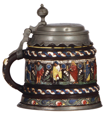 Stoneware stein, 8.4'' ht., Creussen Walzenkrug, Apostles, late 1800s, sold by Phillips Auction, New York City, March 1983, pre-sale estimate $4000 - $6000. - 4