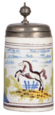 Faience stein, 9.0'' ht., late 1700s, Hannoversch-Münden Walzenkrug, pewter lid dated 1785, pewter tear repaired, poorly repaired cracks and chips.