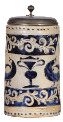 Stoneware stein, 9.4'' ht., late 1700s, Westerwälder Walzenkrug, incised, blue saltglaze, replaced later pewter lid, faint lines at top rim.