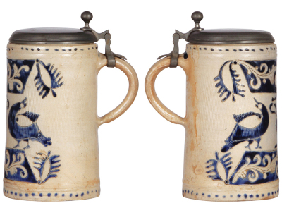 Stoneware stein, 9.4'' ht., late 1700s, Westerwälder Walzenkrug, incised, blue saltglaze, replaced later pewter lid, faint lines at top rim. - 2