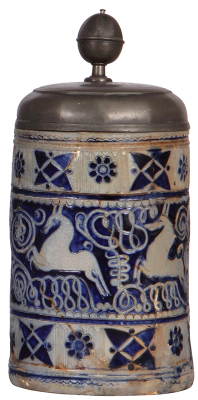 Stoneware stein, 10.5'' ht., mid 1700s, Westerwälder Walzenkrug, incised, blue saltglaze, four deer, pewter lid dated 1735, partial repair of cracks.