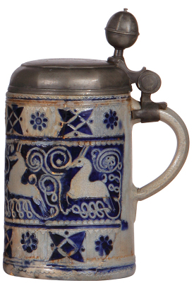 Stoneware stein, 10.5'' ht., mid 1700s, Westerwälder Walzenkrug, incised, blue saltglaze, four deer, pewter lid dated 1735, partial repair of cracks. - 2