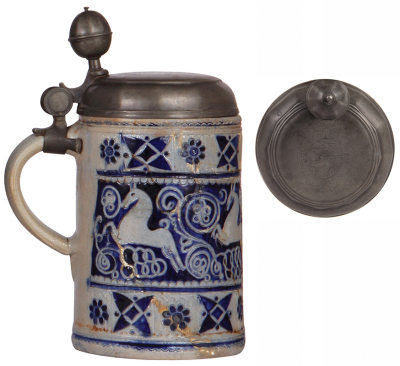 Stoneware stein, 10.5'' ht., mid 1700s, Westerwälder Walzenkrug, incised, blue saltglaze, four deer, pewter lid dated 1735, partial repair of cracks. - 3