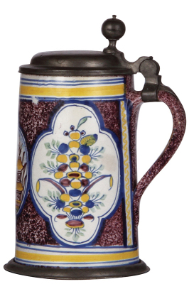 Faience stein, 8.8'' ht., mid 1700s, Nürnberger Walzenkrug, signed Kordenbusch, pewter lid & footring, tight hairline & small rim chip on side. - 2