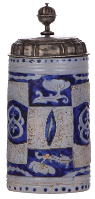 Stoneware stein, 9.6'' ht., mid 1700s, Westerwälder Walzenkrug, incised & applied relief, blue saltglaze, pewter lid, very good pewter strap repair, body good condition.