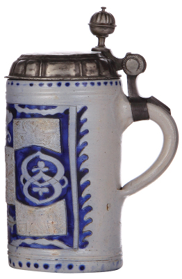 Stoneware stein, 9.6'' ht., mid 1700s, Westerwälder Walzenkrug, incised & applied relief, blue saltglaze, pewter lid, very good pewter strap repair, body good condition. - 2