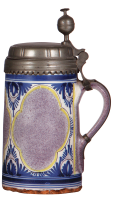 Faience stein, 10.4'' ht., late 1700s, Bayreuther Walzenkrug, pewter lid & vertical handle strap, missing pewter footring, body in very good condition. - 2