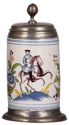 Faience stein, 9.3'' ht., mid 1700s, Erfurter Walzenkrug, rider on horse, pewter lid & footring, tight 3'' hairline on side, some pewter repair.