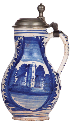 Faience stein, 9.0'' ht., mid 1700s, Frankfurter Birnkrug, marked F, pewter lid, pewter strap repaired, small flakes around the upper rim.