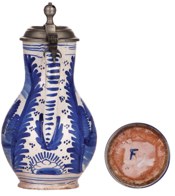 Faience stein, 9.0'' ht., mid 1700s, Frankfurter Birnkrug, marked F, pewter lid, pewter strap repaired, small flakes around the upper rim. - 3