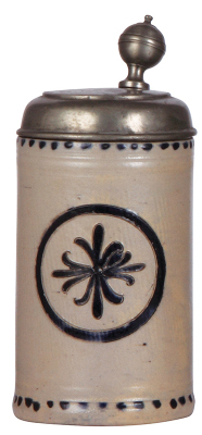 Stoneware stein, 8.2'' ht., late 1700s, Westerwälder Walzenkrug, incised, blue saltglaze, pewter lid, good condition.