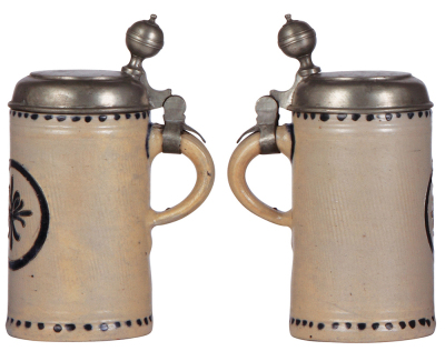 Stoneware stein, 8.2'' ht., late 1700s, Westerwälder Walzenkrug, incised, blue saltglaze, pewter lid, good condition. - 2