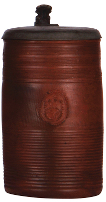 Stoneware stein, 7.8'' ht., c. 1750, Duinger Walzenkrug, applied relief, pewter lid, touchmarks, hairline on bottom repaired.