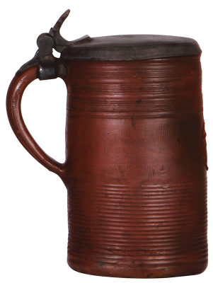 Stoneware stein, 7.8'' ht., c. 1750, Duinger Walzenkrug, applied relief, pewter lid, touchmarks, hairline on bottom repaired. - 2