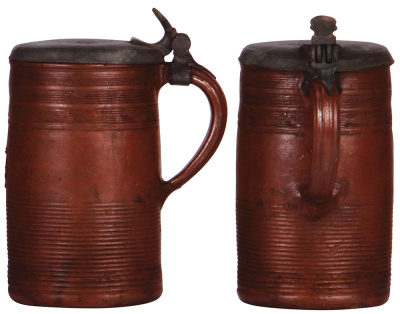 Stoneware stein, 7.8'' ht., c. 1750, Duinger Walzenkrug, applied relief, pewter lid, touchmarks, hairline on bottom repaired. - 3