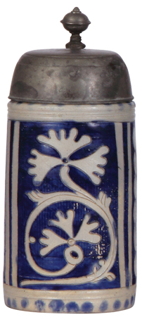 Stoneware stein, 8.4'' ht., late 1700s, Westerwälder Walzenkrug, incised, blue saltglaze, pewter lid, very good thumblift repair, body good condition.