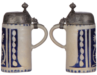 Stoneware stein, 8.4'' ht., late 1700s, Westerwälder Walzenkrug, incised, blue saltglaze, pewter lid, very good thumblift repair, body good condition. - 2