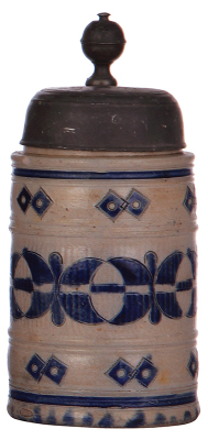 Stoneware stein, 8.8'' ht., late 1700s, Westerwälder Walzenkrug, incised, blue saltglaze, pewter lid is an old replacement, good condition.
