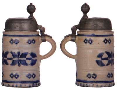 Stoneware stein, 8.8'' ht., late 1700s, Westerwälder Walzenkrug, incised, blue saltglaze, pewter lid is an old replacement, good condition. - 2