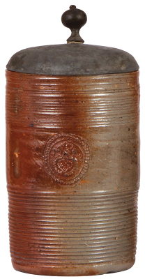 Stoneware stein, 8.6'' ht., mid 1700s, Raerener Walzenkrug, pewter lid, pewter patina is a little rough, body very good condition.