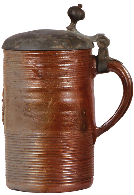 Stoneware stein, 8.6'' ht., mid 1700s, Raerener Walzenkrug, pewter lid, pewter patina is a little rough, body very good condition. - 3