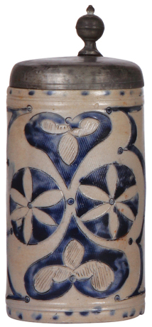 Stoneware stein, 9.5'' ht., late 1700s, Westerwälder Walzenkrug, incised, blue saltglaze, pewter lid, good pewter strap repair, body very good condition.