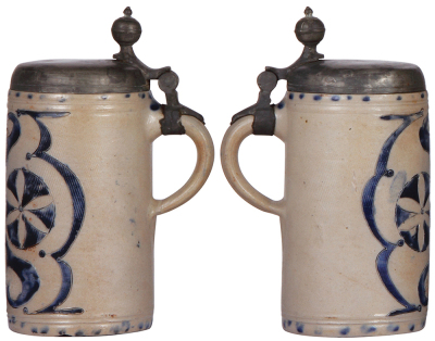 Stoneware stein, 9.5'' ht., late 1700s, Westerwälder Walzenkrug, incised, blue saltglaze, pewter lid, good pewter strap repair, body very good condition. - 2