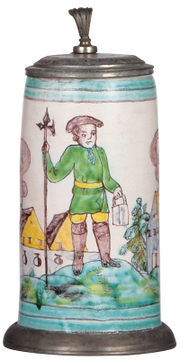 Faience stein, 8.1'' ht., early 1800s, Gmunden Walzenkrug, pewter lid & footring, later lid added, otherwise mint.