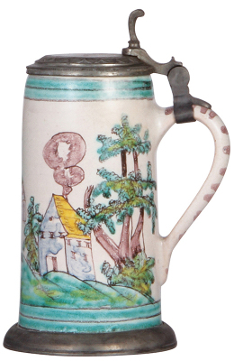 Faience stein, 8.1'' ht., early 1800s, Gmunden Walzenkrug, pewter lid & footring, later lid added, otherwise mint. - 2