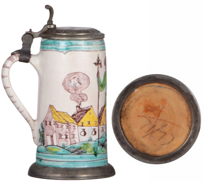 Faience stein, 8.1'' ht., early 1800s, Gmunden Walzenkrug, pewter lid & footring, later lid added, otherwise mint. - 3