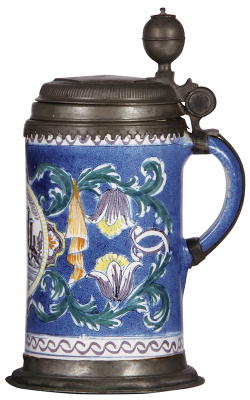 Faience stein, 11.0'' ht., mid 1700s, Walzenkrug, pewter lid & foot ring tight 4'' hairline on side, pewter base bent. - 2