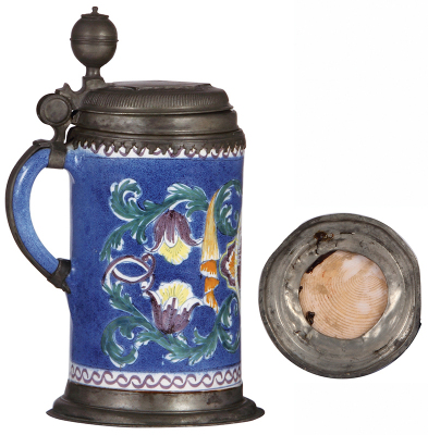 Faience stein, 11.0'' ht., mid 1700s, Walzenkrug, pewter lid & foot ring tight 4'' hairline on side, pewter base bent. - 3