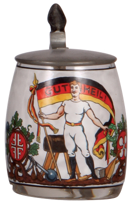 Glass stein. .5l, blown, transfer and hand-painted, Gut Heil!, 4F, pewter lid, mint.