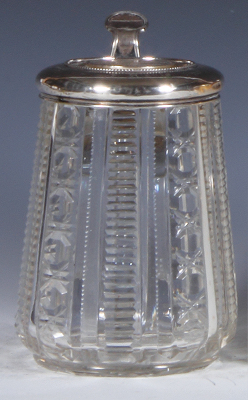 Glass stein, .5L, blown, cut, silver lid with medallion, mint.