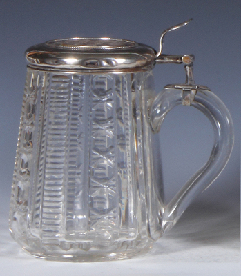 Glass stein, .5L, blown, cut, silver lid with medallion, mint. - 2