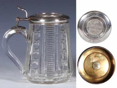 Glass stein, .5L, blown, cut, silver lid with medallion, mint. - 3