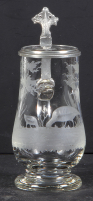 Glass stein, .25L, blown, wheel-engraved, two pheasants, mint.