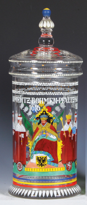 Glass pokal, 15.7'' ht., blown, clear, hand-painted, Fritz Heckert style, unmarked, set-on lid, two shallow top rim chips.