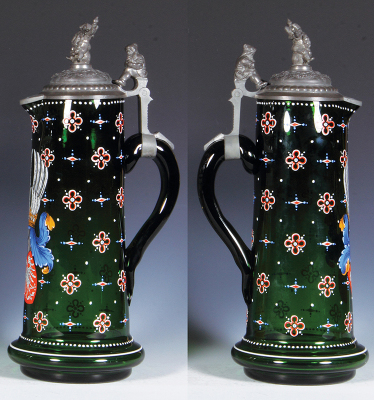 Glass pitcher, 15.0'' ht., blown, late 1800s, green, hand-painted, coat-of arms, Egermann, unmarked, pewter lid, mint. - 2