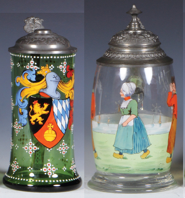 Two glass steins, .5L, blown, green, hand-painted, pewter lid, good repair to pewter strap, otherwise mint; with, .5L, blown, clear, transfer & hand-painted, Dutch children, pewter lid, mint.
