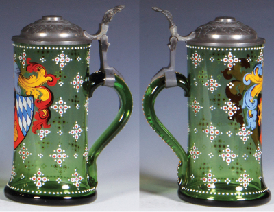 Two glass steins, .5L, blown, green, hand-painted, pewter lid, good repair to pewter strap, otherwise mint; with, .5L, blown, clear, transfer & hand-painted, Dutch children, pewter lid, mint. - 2