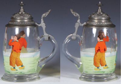 Two glass steins, .5L, blown, green, hand-painted, pewter lid, good repair to pewter strap, otherwise mint; with, .5L, blown, clear, transfer & hand-painted, Dutch children, pewter lid, mint. - 3