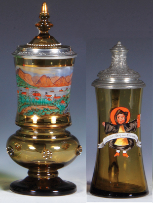 Two glass steins, .5L, blown, amber, glass prunts, hand-painted, Gmunden, matching glass inlaid lid, mint; with, .3L, blown, amber, hand-painted, München, pewter lid, mint.