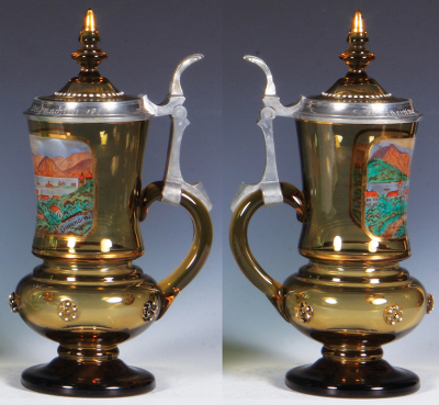 Two glass steins, .5L, blown, amber, glass prunts, hand-painted, Gmunden, matching glass inlaid lid, mint; with, .3L, blown, amber, hand-painted, München, pewter lid, mint. - 2
