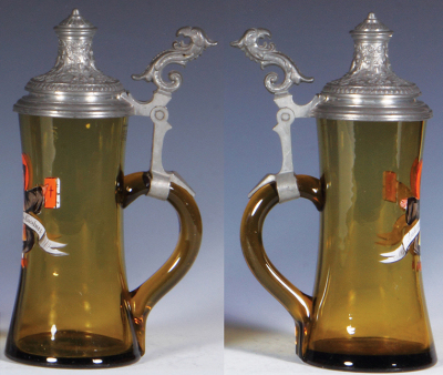 Two glass steins, .5L, blown, amber, glass prunts, hand-painted, Gmunden, matching glass inlaid lid, mint; with, .3L, blown, amber, hand-painted, München, pewter lid, mint. - 3