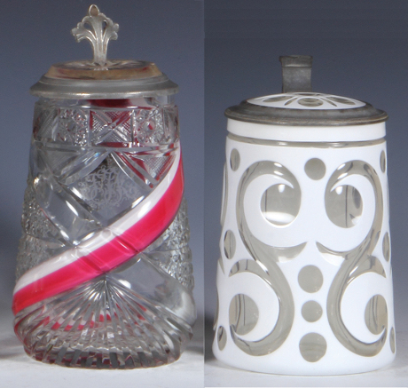 Two glass steins, .5L, blown, clear, pink & white glass swirl in body, cut, excellent pewter strap repair, otherwise mint; with, .5L, blown, white on clear overlay, cut, matching glass inlaid lid, mint.